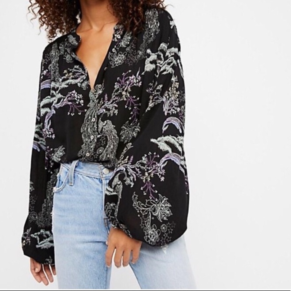 Free People Peacock Blouse size XS black purple green whimsical